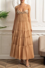 helen rhinestone beading pleated maxi dress - beige