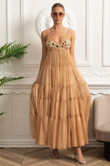 helen rhinestone beading pleated maxi dress - beige