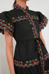 WAVY RUCHED TRIM MINI DRESS IN BLACK