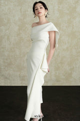 Arene Sheath Diagonal Neck Spandex Midi Dress