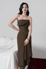 adelaide Strapless Asymmetric Midi Dress in brown