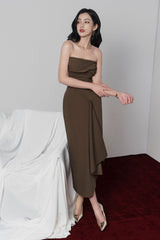 adelaide Strapless Asymmetric Midi Dress in brown
