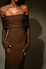 denise Off Shoulder sequin Maxi Dress - Chocolate