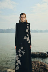 gloria High Neck Asymmetric Crystal Embellished maxi Dress in black