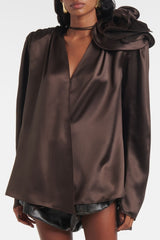 Daiki Satin Flower Appliqué Blouse