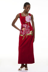 nicola square neck flower embroidery satin maxi dress in red