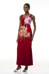 nicola square neck flower embroidery satin maxi dress in red
