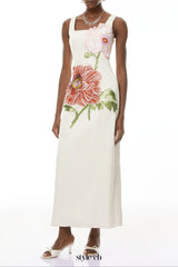nicola square neck flower embroidery satin maxi dress in apricot