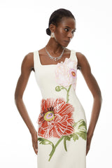 nicola square neck flower embroidery satin maxi dress in apricot