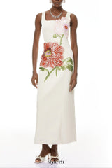 nicola square neck flower embroidery satin maxi dress in apricot