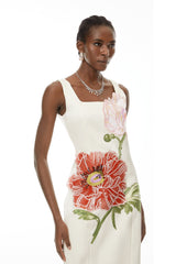 nicola square neck flower embroidery satin maxi dress in apricot