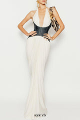 Daryle Halter Denim Corset Ruched Maxi Dress