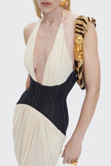 Daryle Halter Denim Corset Ruched Maxi Dress