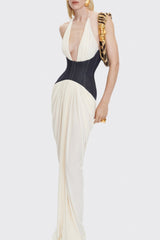 Daryle Halter Denim Corset Ruched Maxi Dress