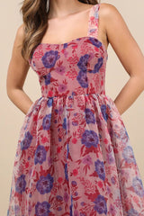 Delightful Look Magenta Floral Print Bustier Midi Skater Dress