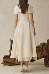 kelly beige Cape Sleeve Ruffle Midi Dress with belt