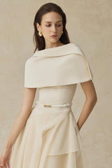 kelly beige Cape Sleeve Ruffle Midi Dress with belt