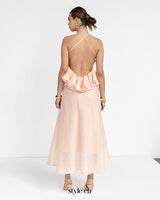 aurora Halter Neck Ruffle Maxi Dress in pink