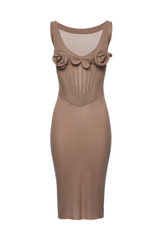 Dinella Floral Appliqué Corset Midi Dress in Grey