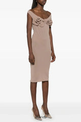 Dinella Floral Appliqué Corset Midi Dress in Grey