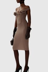 Dinella Floral Appliqué Corset Midi Dress in Grey