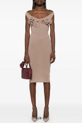 Dinella Floral Appliqué Corset Midi Dress in Grey