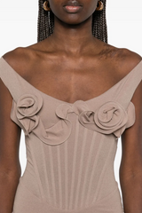 Dinella Floral Appliqué Corset Midi Dress in Grey