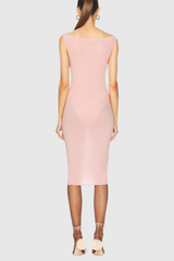 Dinella Floral Appliqué Corset Midi Dress in Pink