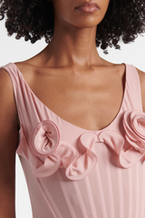 Dinella Floral Appliqué Corset Midi Dress in Pink