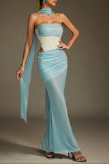 maggie off-shoulder Rhinestone Scarf Mesh Maxi Dress