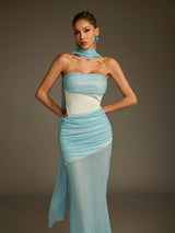 maggie off-shoulder Rhinestone Scarf Mesh Maxi Dress