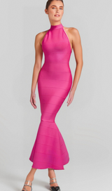 HALTER MAXI BANDAGE FISHTAIL DRESS IN PINK