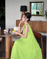 alyssa pleated grass green maxi dress