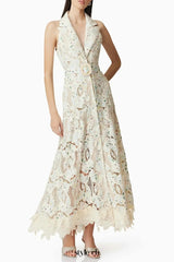 lisa v-neck Floral embroidery hollow Maxi Dress in beige