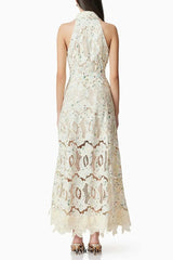 lisa v-neck Floral embroidery hollow Maxi Dress in beige