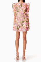 caitlin A-line Floral long sleeve Mini Dress In Pink