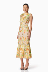 elsie 3d floral embroidered midi dress in yellow