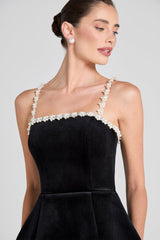 pearl embellished strap mini dress in black