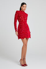 sherry Long-sleeved zippered lace mini dress in red