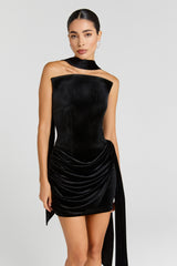 rachel ribbon strapless velvet mini dress in black