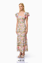 Nydia multicolor Square collar with 3D flower embroidery maxi dress