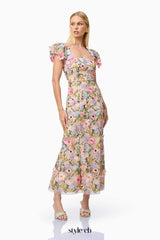 Nydia multicolor Square collar with 3D flower embroidery maxi dress