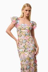 Nydia multicolor Square collar with 3D flower embroidery maxi dress