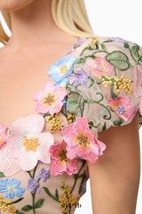 Nydia multicolor Square collar with 3D flower embroidery maxi dress