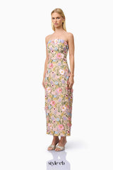 Helena Strapless Midi Dress In Floral apricot