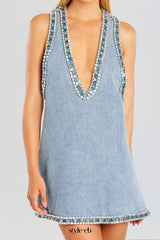 Stevie crystal Embellished Denim mini Dress in pale blue