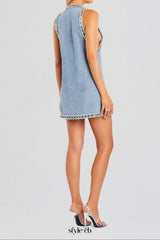 Stevie crystal Embellished Denim mini Dress in pale blue