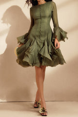 xanthe Flare Sleeve Button Mini Dress In Green
