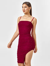 Embellished Bead Ruched Zipper Back Mesh Dress