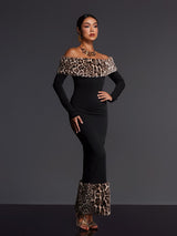 clara Off Shoulder Leopard furry Maxi Dress in black